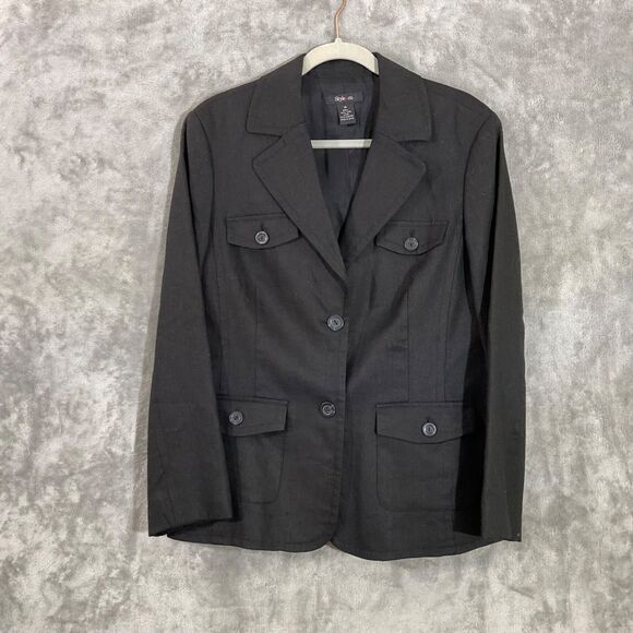 Style & Co Blazer Jacket  %100 Linen women’s size 14 Black Buttons Pockets Lined - Picture 1 of 10